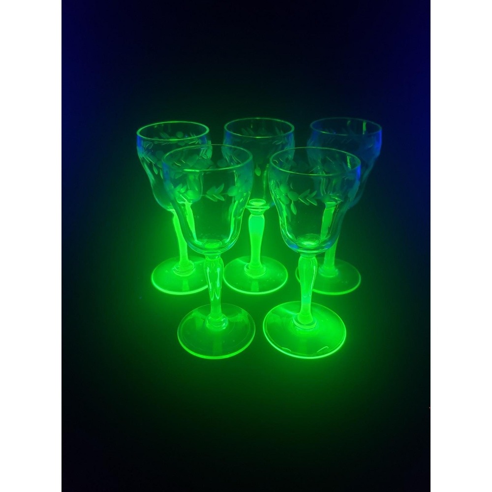 Vintage Uranium Glass Cordials Etched Foliate Design Stemware Set Of 5 Bryce?